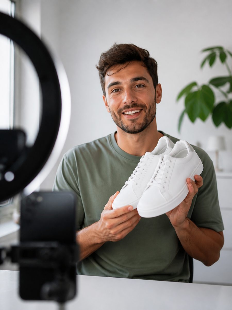Creator präsentiert Sneaker vor Kamera und Ringlicht